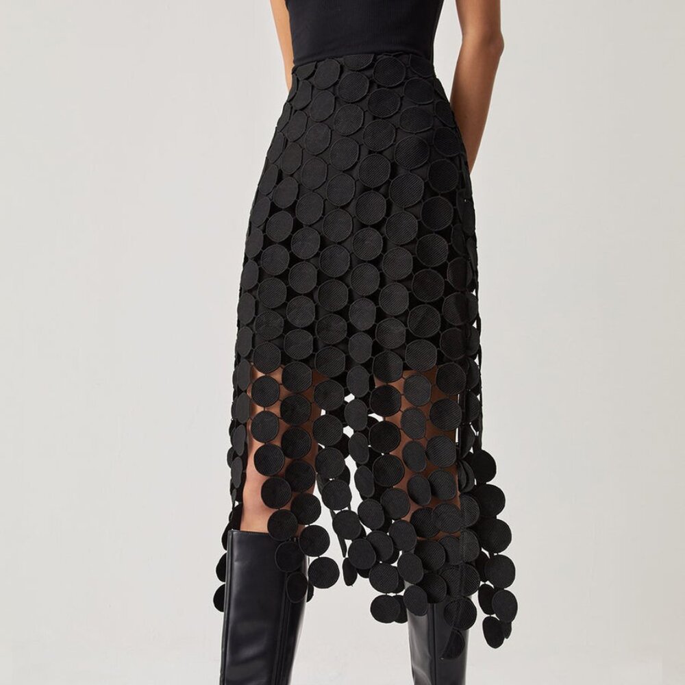 Commense Laser Cut Multi Circle Double Layered Skirt in Black M